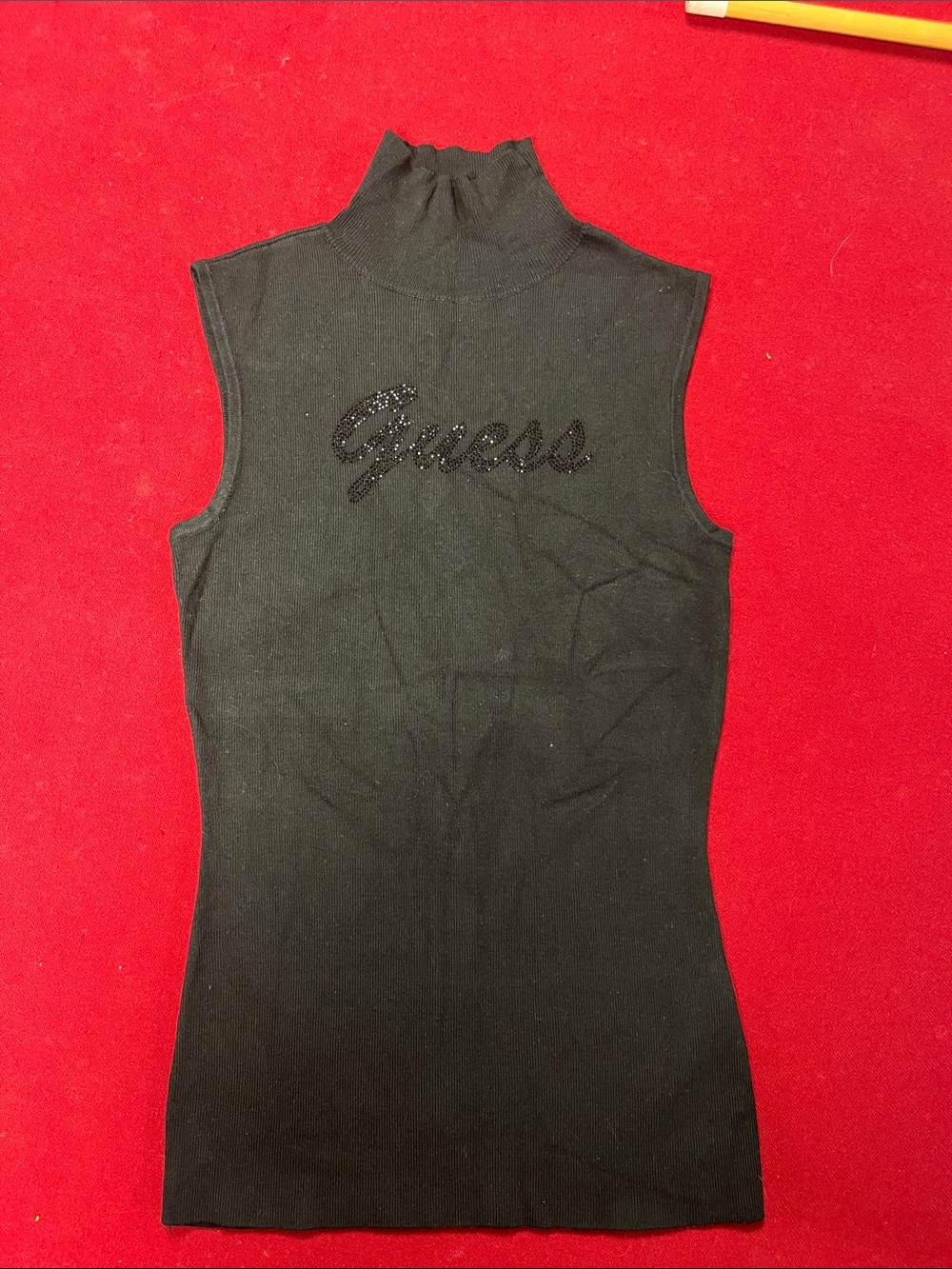 Guess Black Sleeveless Mock-Neck Logo Knit Top